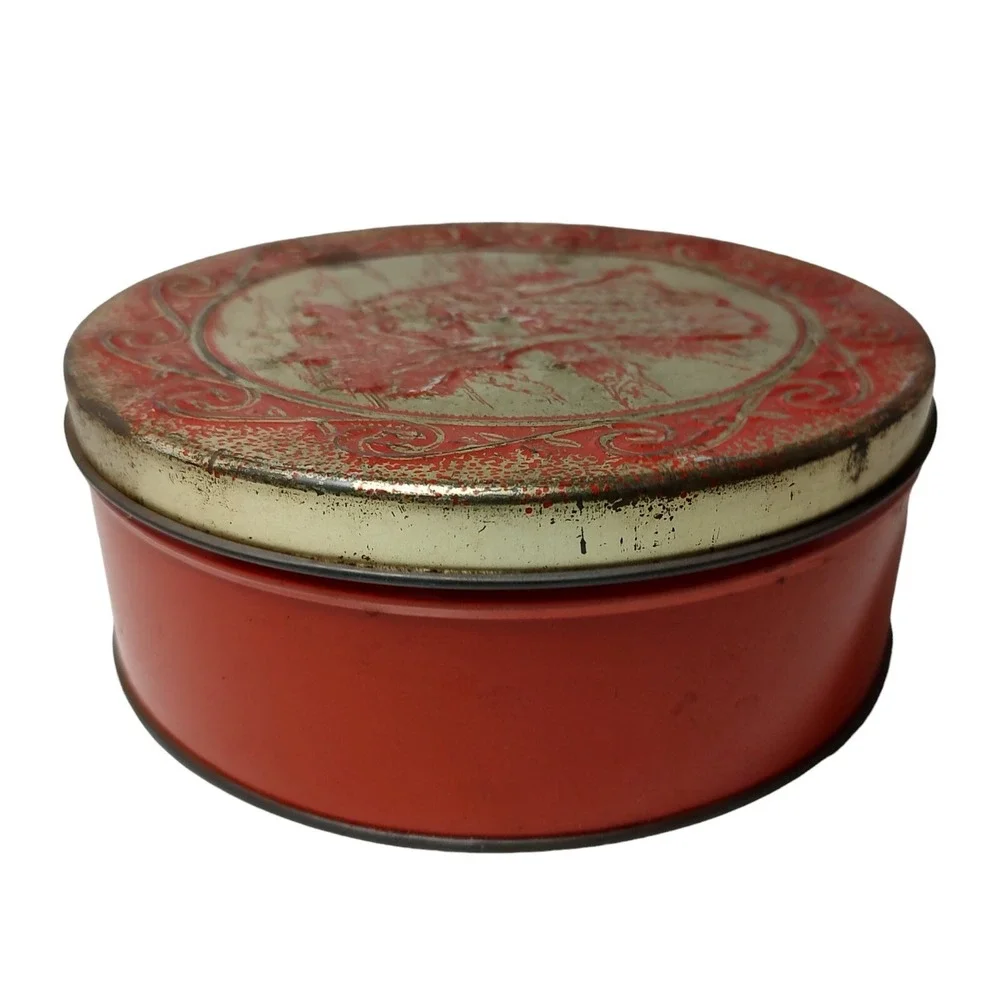 Vintage Embossed‎ Tin Sweets Romantic Couple Red Gold Round Seven Inch Tin SEE